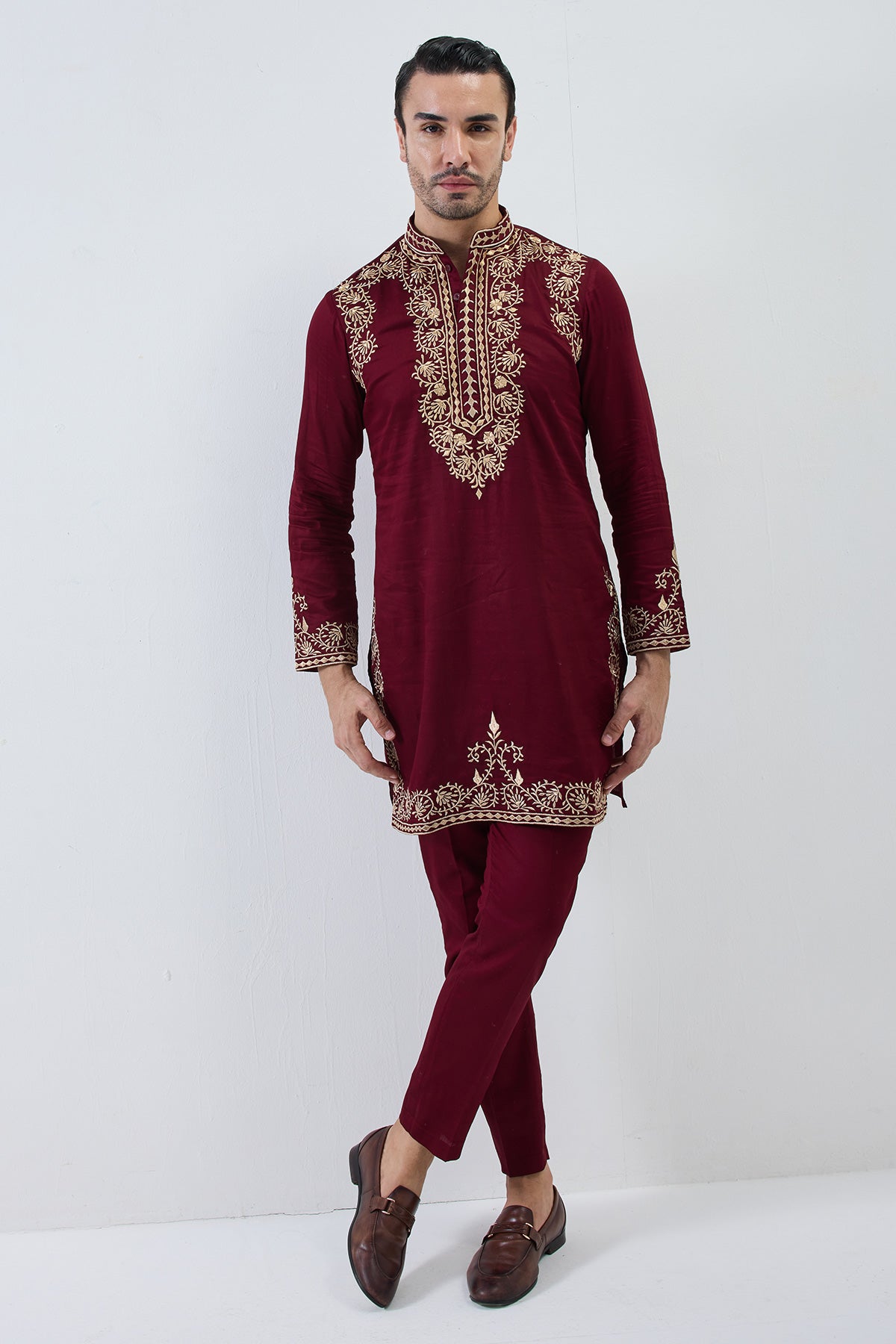 zardozi mehr maroon red kurta set