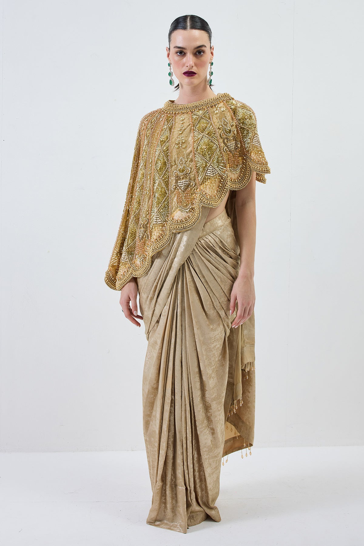 metallic gold drape saree with cape