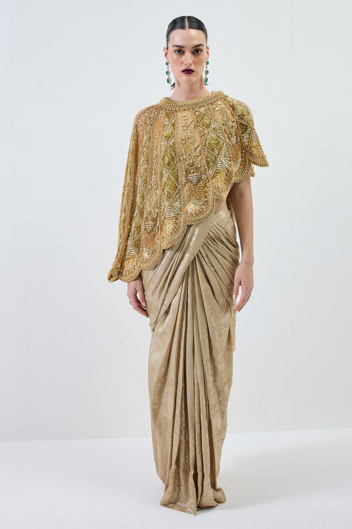 metallic gold drape saree with cape