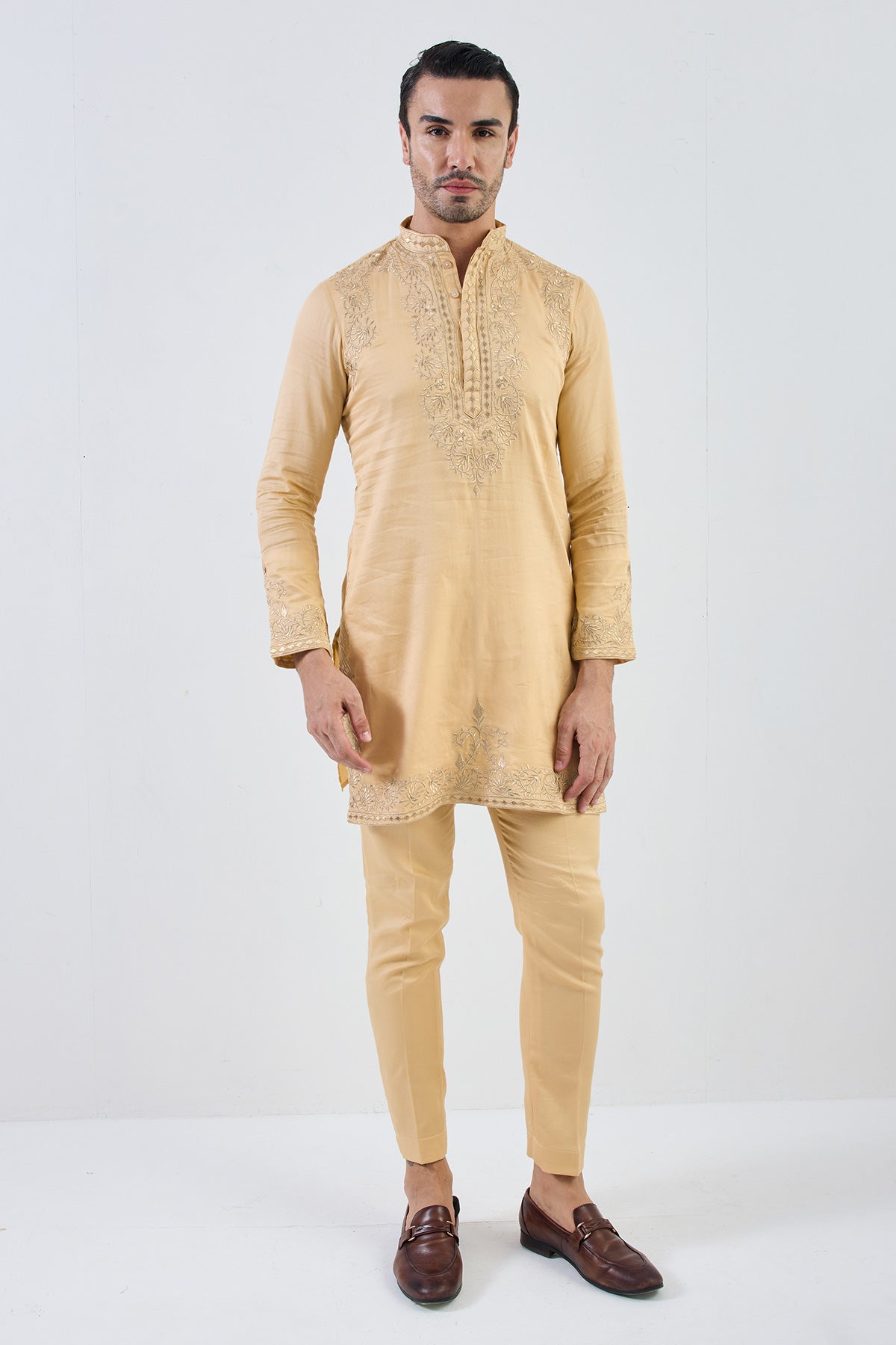 zardozi mehr light camel  kurta set