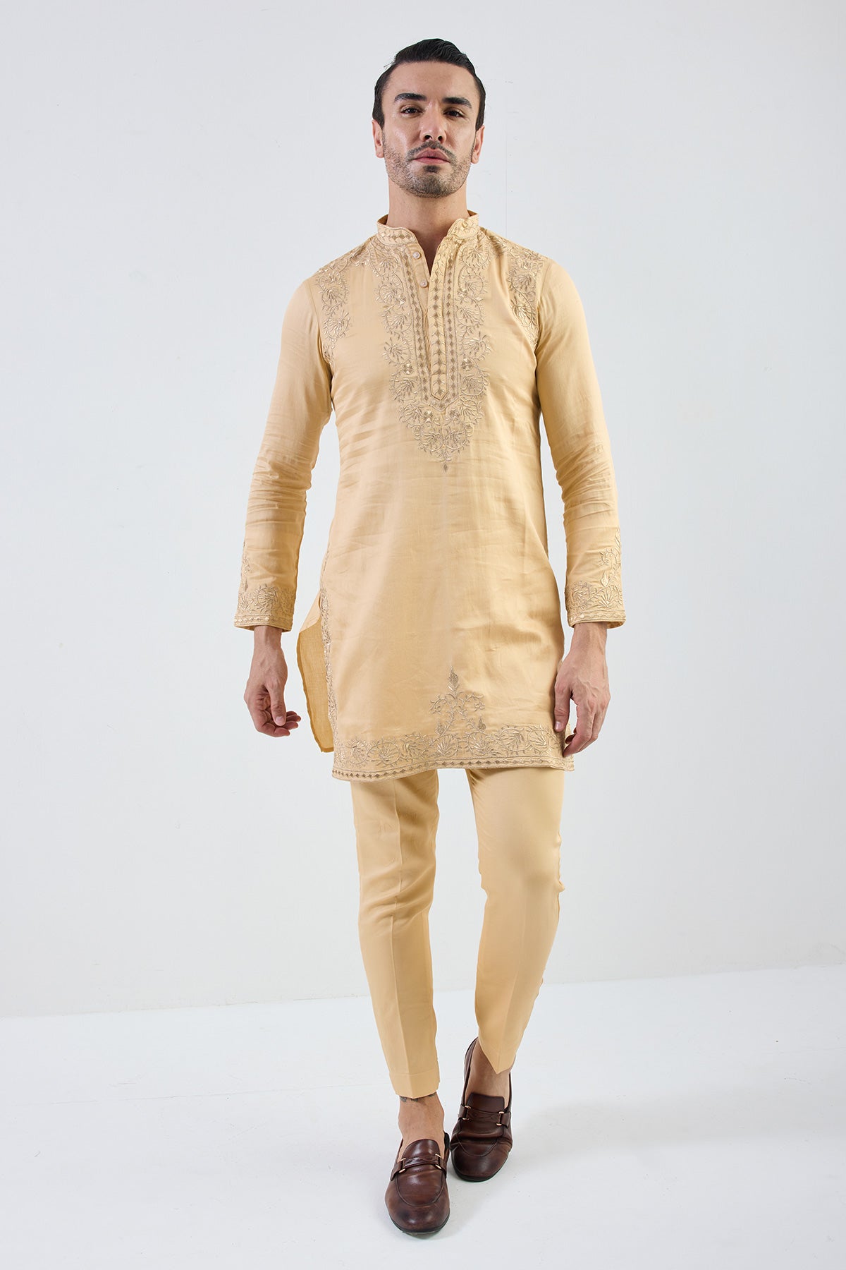 zardozi mehr light camel  kurta set