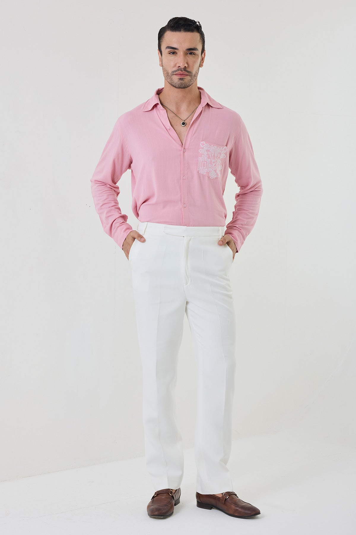 haze pink pocket embroidered shirt with straight fit trousers