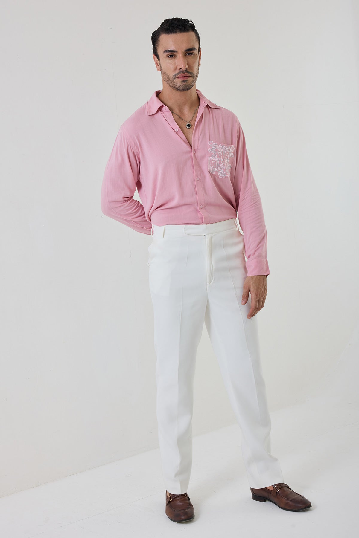 haze pink pocket embroidered shirt with straight fit trousers