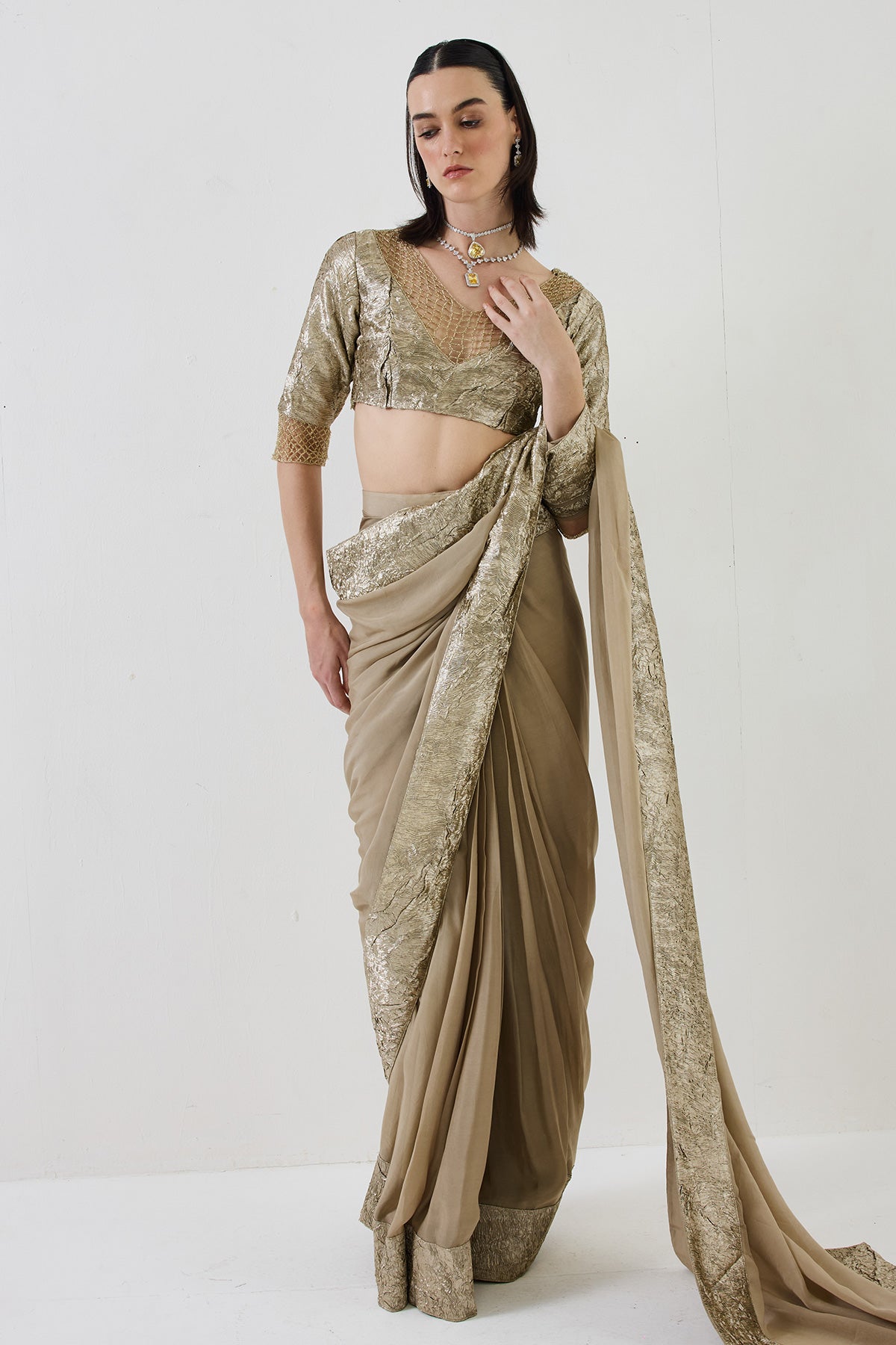 crushed-gold pre-stiched drape saree