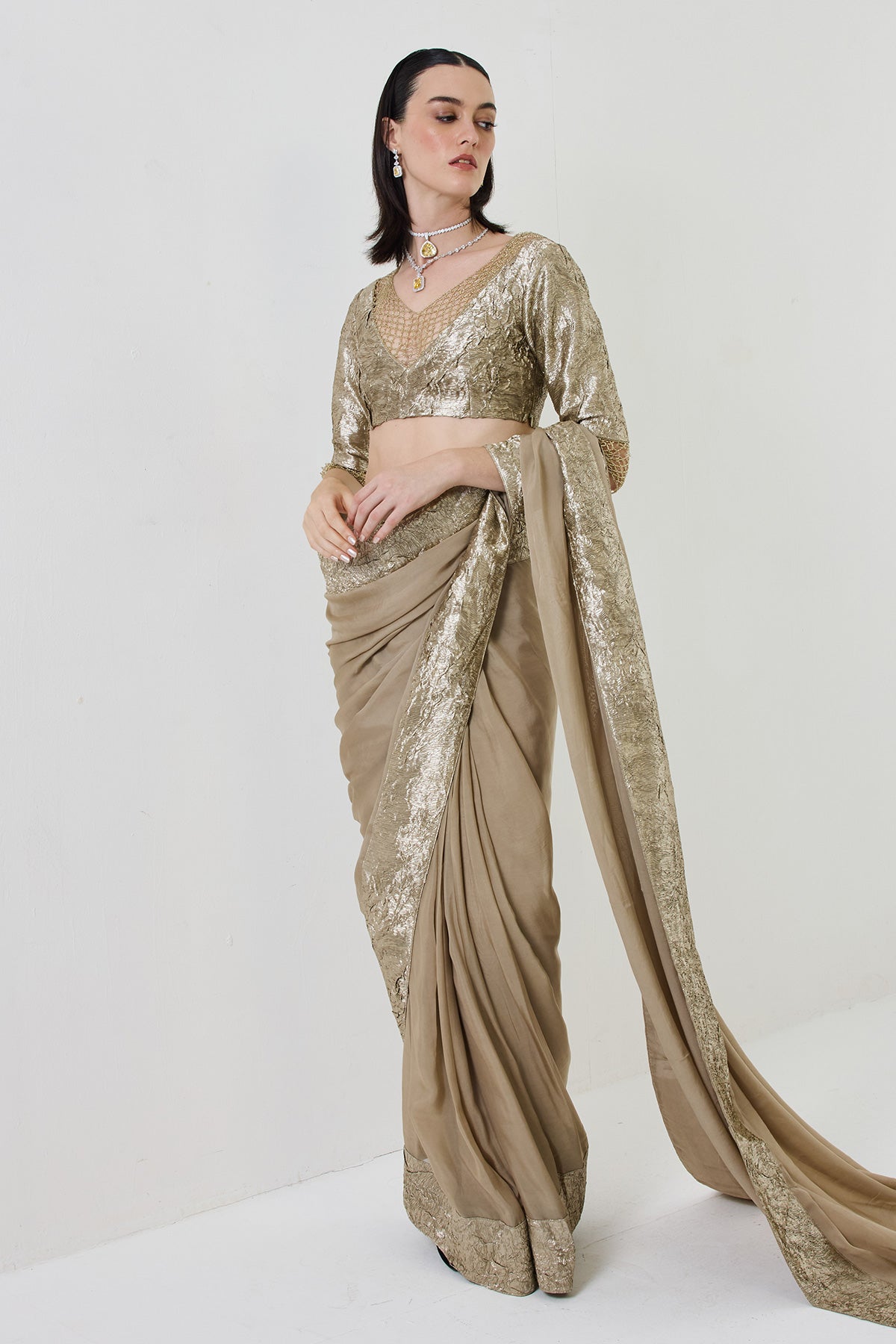 crushed-gold pre-stiched drape saree