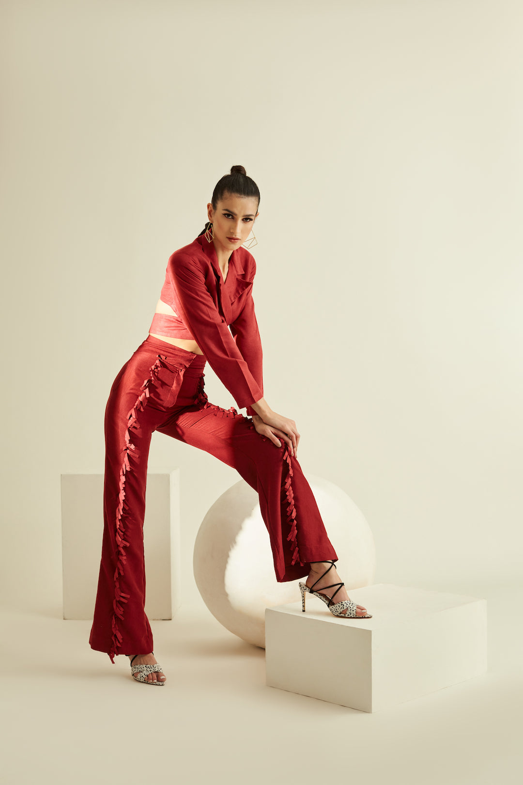 Fringe-cut blazer set-red
