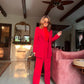 Spot style red power suit with high neck top