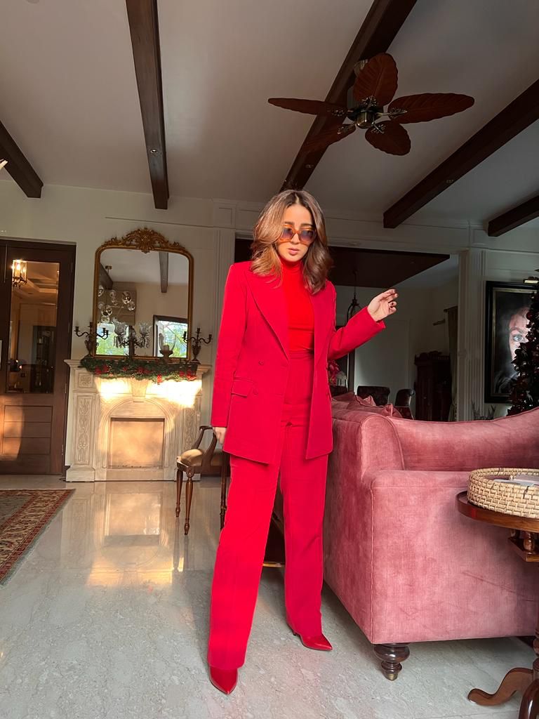 Spot style red power suit with high neck top