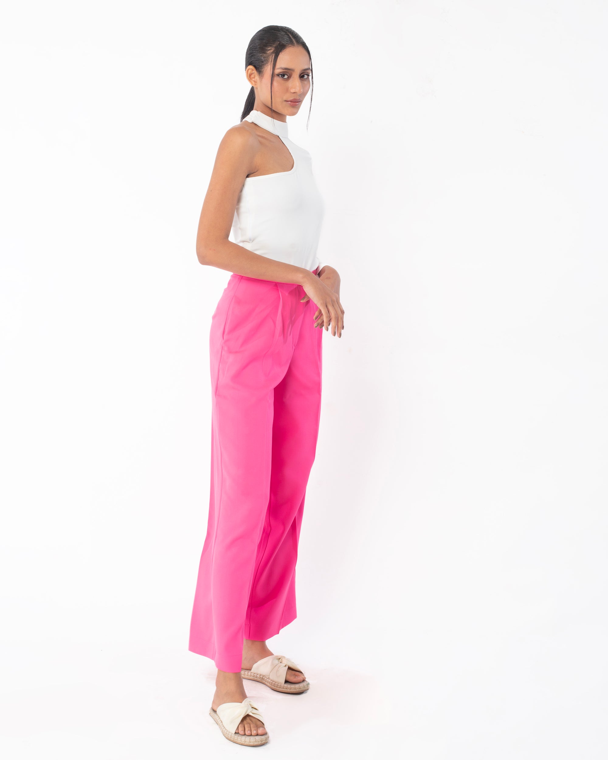 Neon pink pants with classic white bodysuit