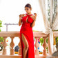Red slit cocktail dress