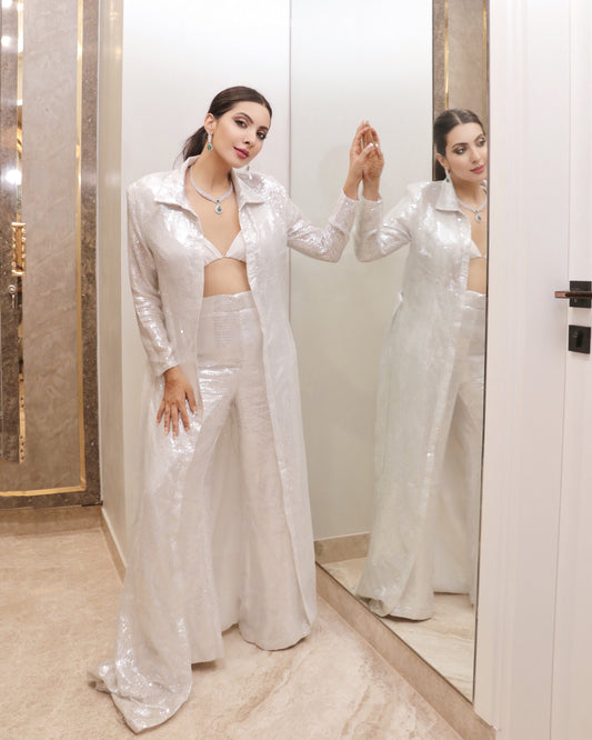 Sequence cape & flaired pants with bustier