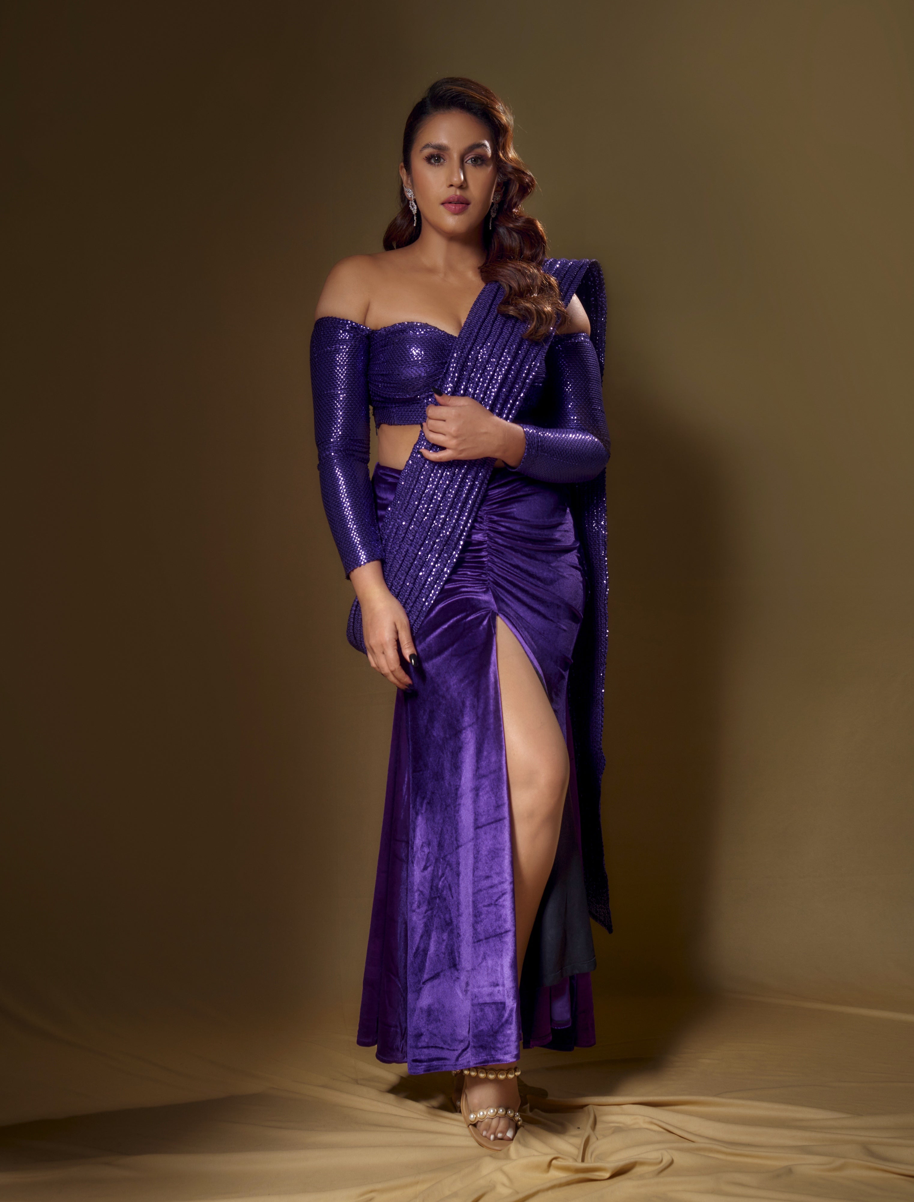 Huma Qureshi In Velvet slit sequence dori-drape purple saree - Huma qureshi