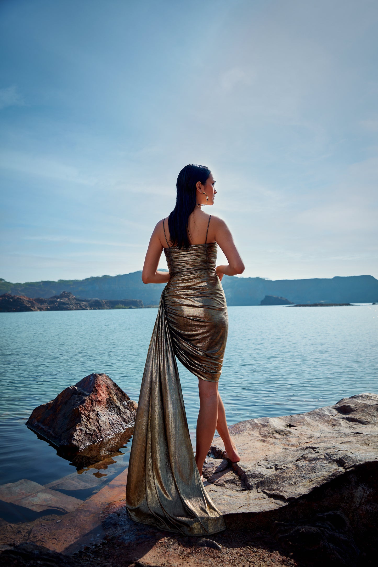 Metallic gold lisa drape dress