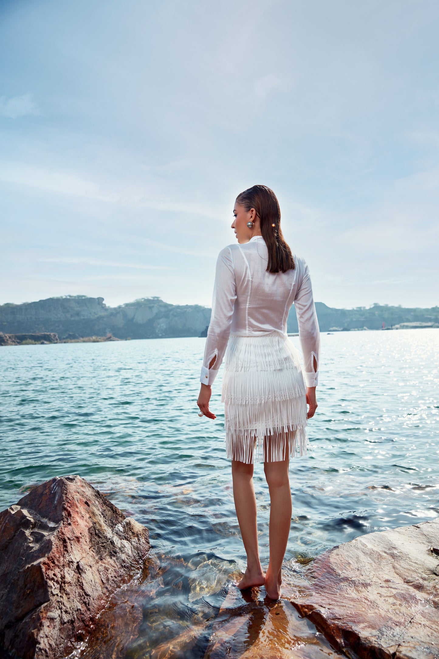 Escape fringe skirt with boxy-pleat chiffon shirt