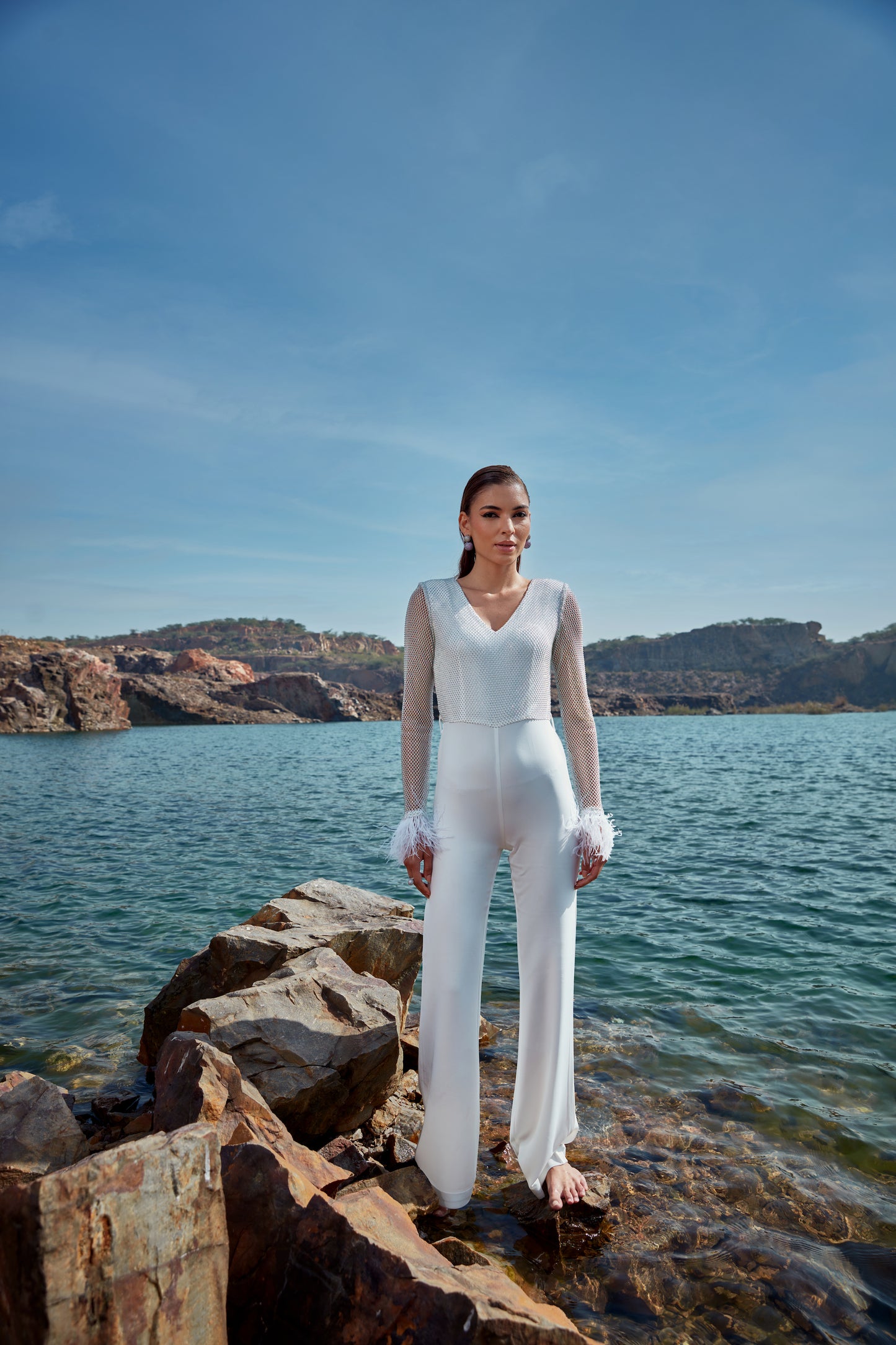 Rhinestone fur white-jumpsuit