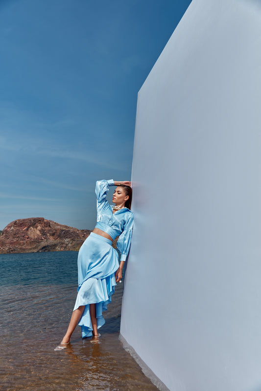 Sky-blue escape frill skirt with organza top