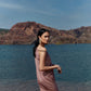 Rose gold pleated cowl dress