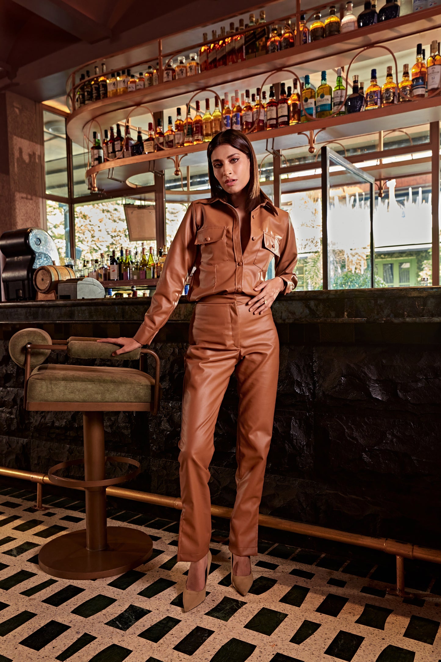 brown leather coord set