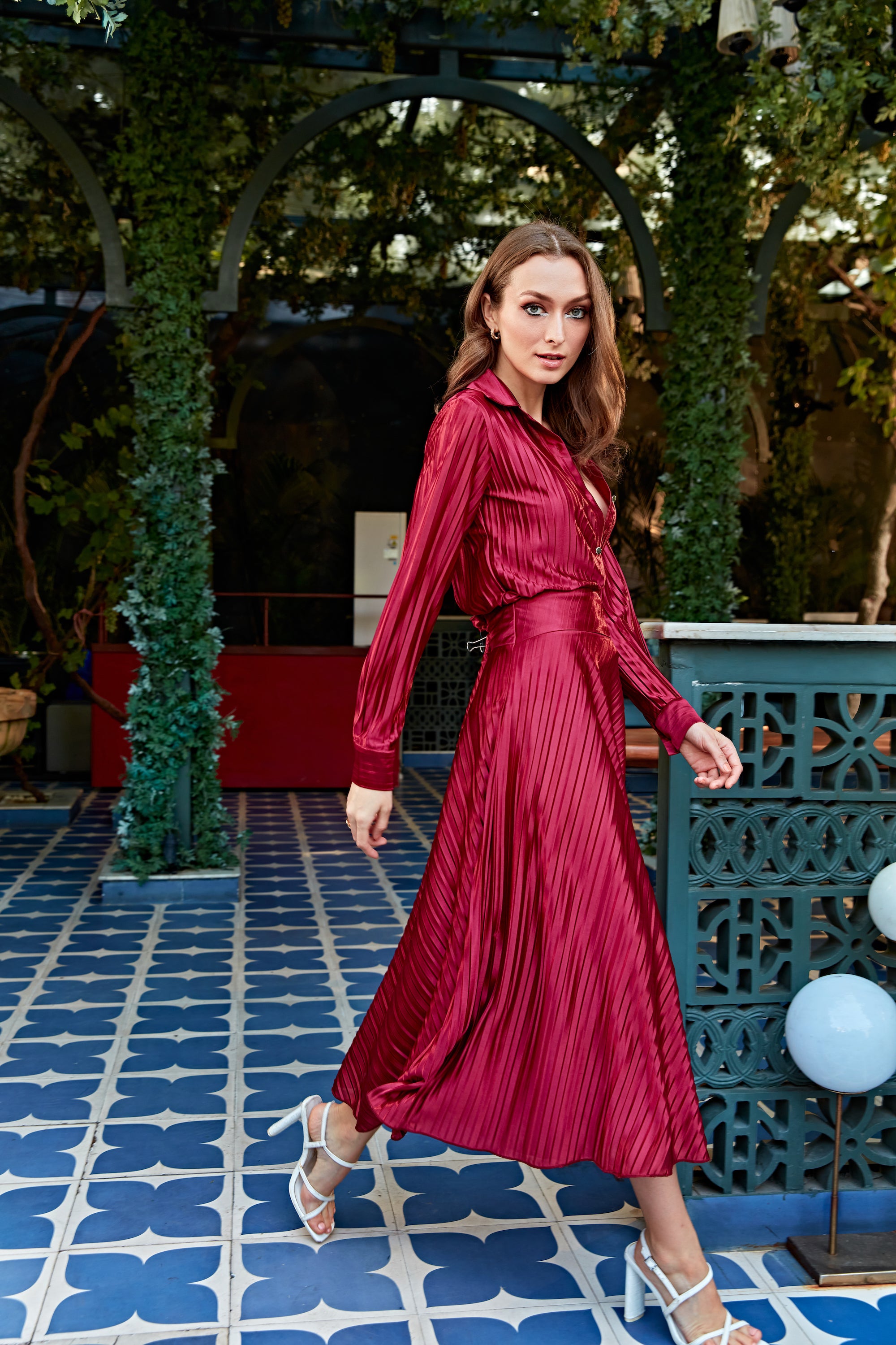 Marina red pleated cord set with skirt