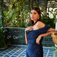 Fringed-fur off shoulder trail dress