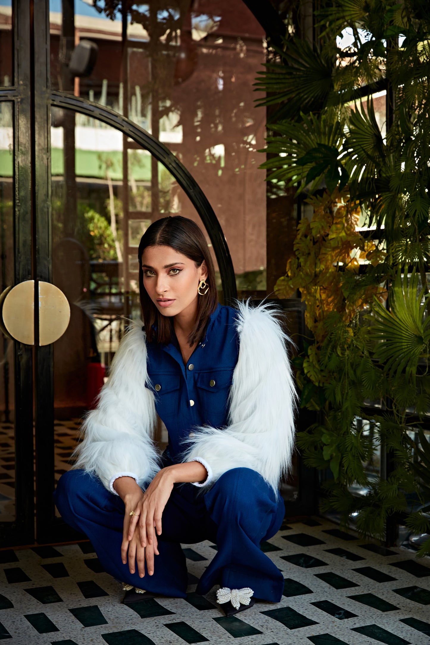 Fur sleeves denim cord set