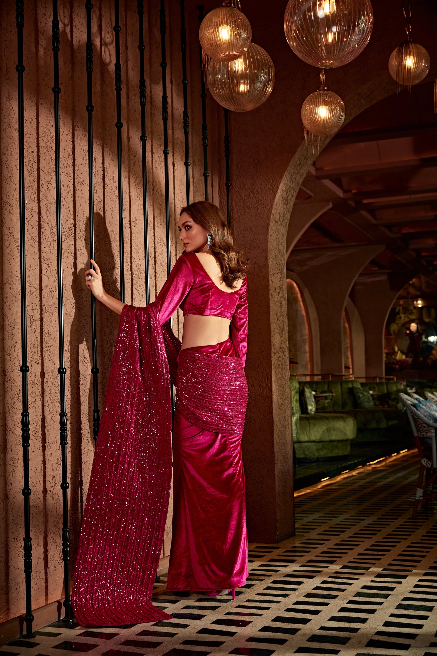 Velvet slit sequence dori-drape pink saree