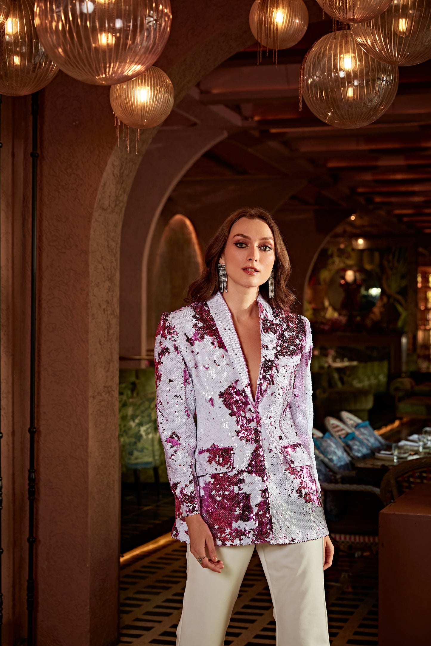 Nouba shaded pink sequence blazer with leather pants