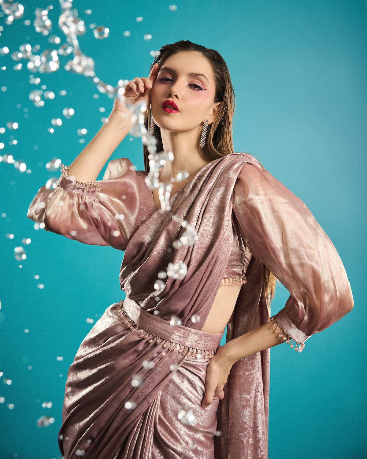 Foil rose gold  organza sleeves pre-stiched saree