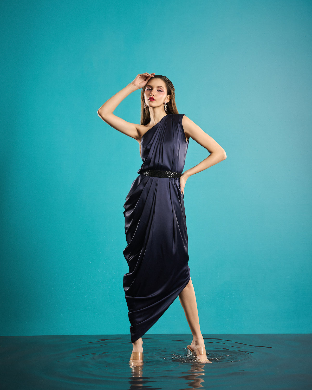 One-shoulder drape dress with sequence belt