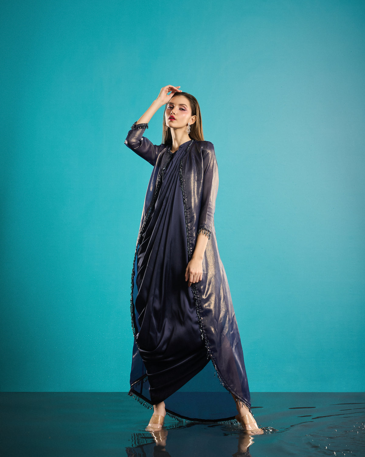 Organza cape with one-shoulder drape dress