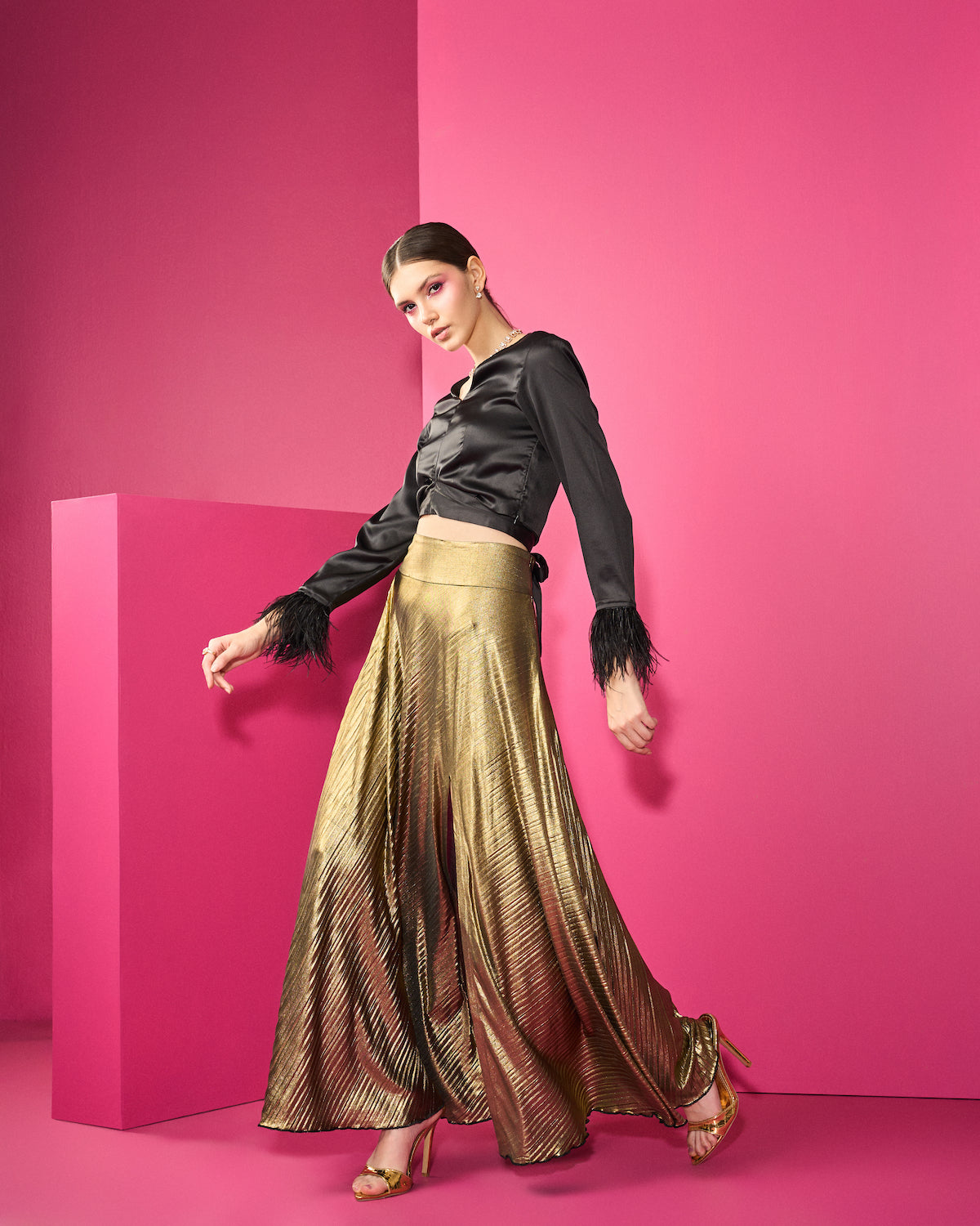 Mettalic gold slit skirt with black fur top