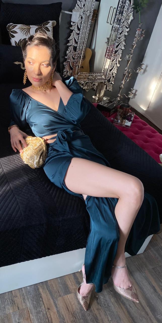 Satin teal drape skirt with wrap around blouse